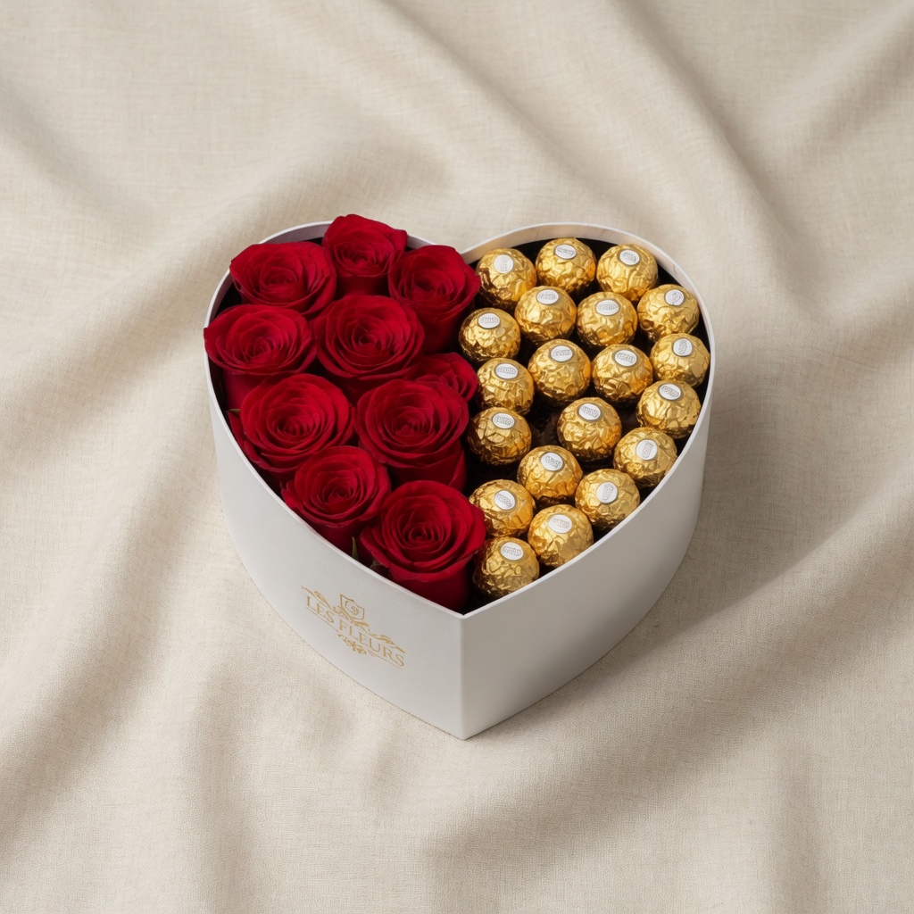 Heart-shaped white gift box with red roses on the left and gold-wrapped chocolates on the right, set on beige fabric.