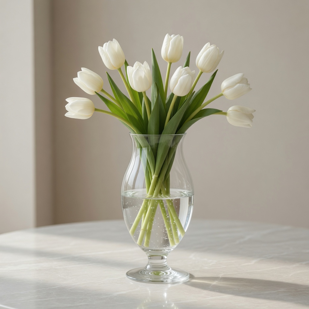 White tulips in a glass vase on a marble table with water, soft ambient light.