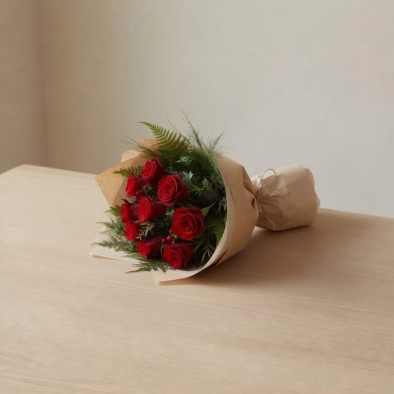 Ramo de rosas rojas envuelto en papel kraft sobre una mesa de madera