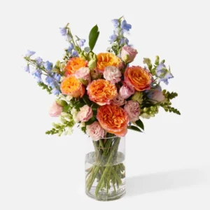Bouquet of orange and pink roses with blue delphiniums in a clear glass vase on a white background
