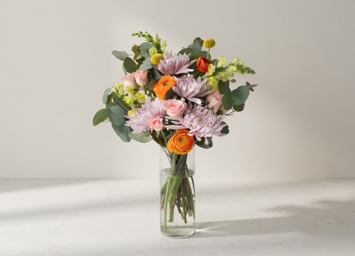 Bouquet of pink, orange, and yellow flowers in a clear glass vase on a light table surface.