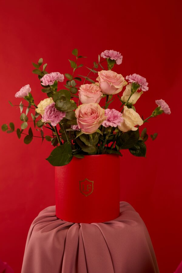 Caja de rosas rosadaa y claveles Rojos de la floristeria Les fleurs