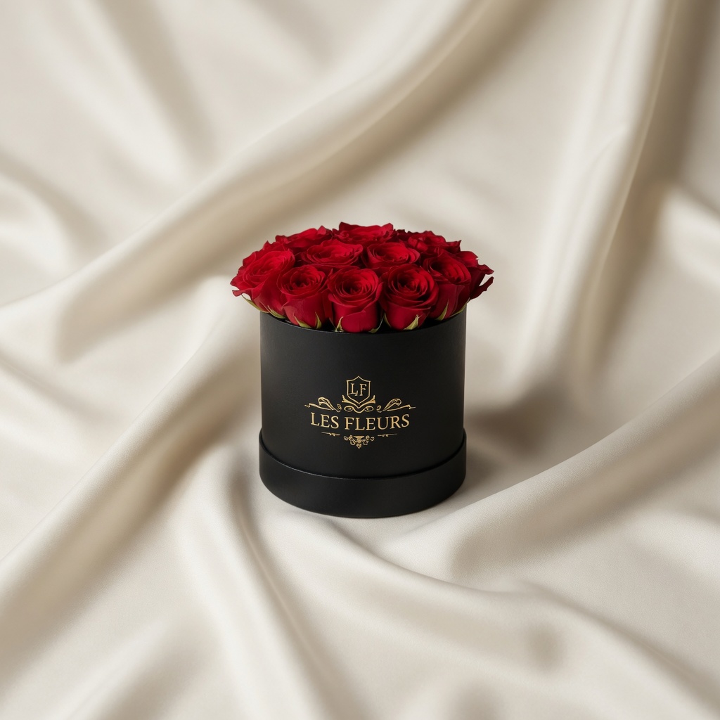 Black round box overflowing with red roses sits on cream satin fabric, labeled 'Les Fleurs'.
