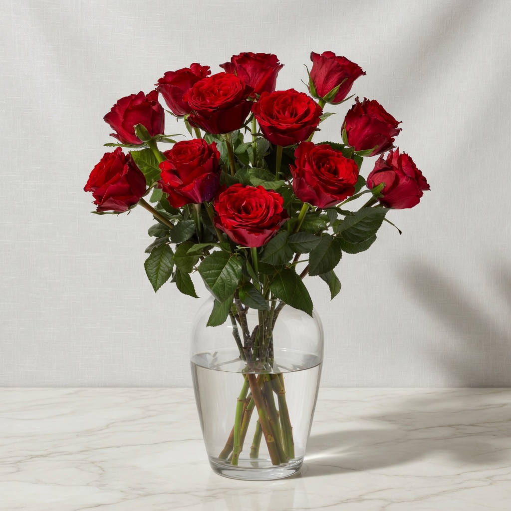 Bouquet of red roses in a clear glass vase with water on a marble table.