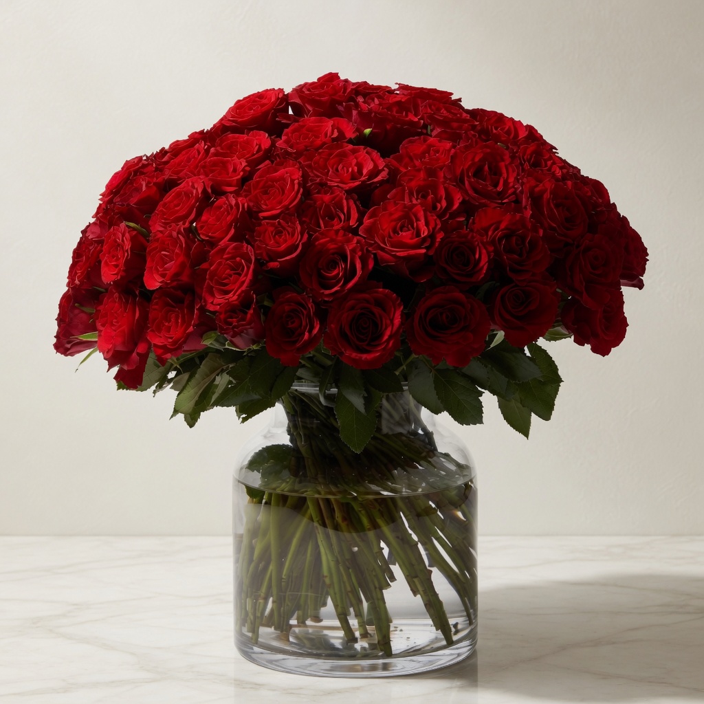 Bouquet of red roses arranged in a clear glass vase on a light marble surface.