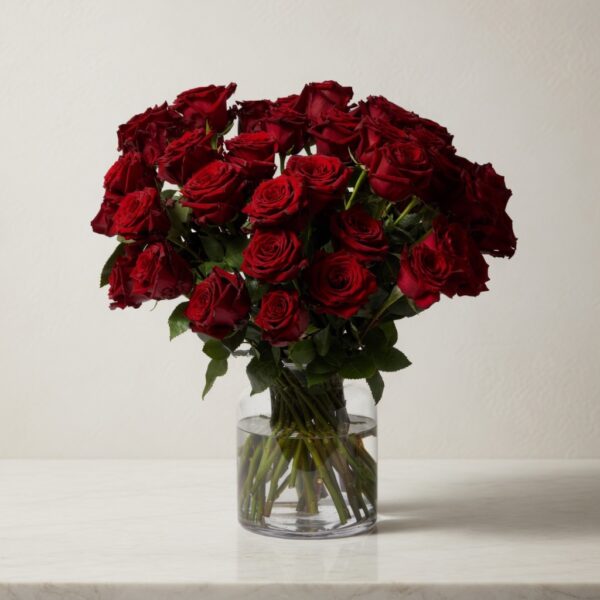 Bouquet of red roses in a clear glass vase on a light marble surface