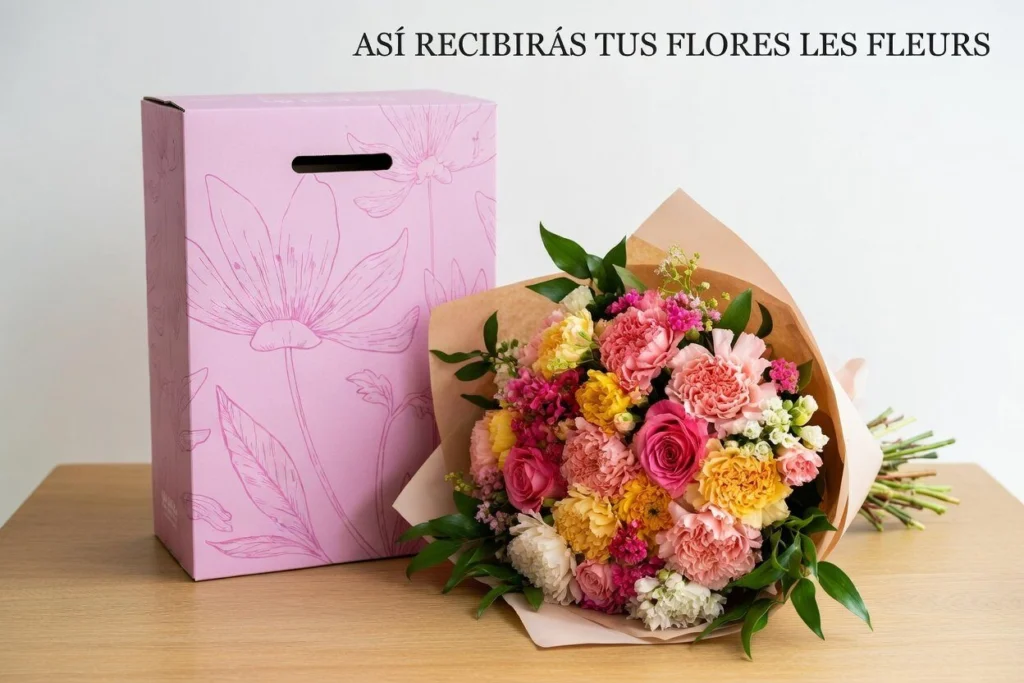 Bouquet de temporada envuelto en papel kraft junto a la caja signature de Les Fleurs