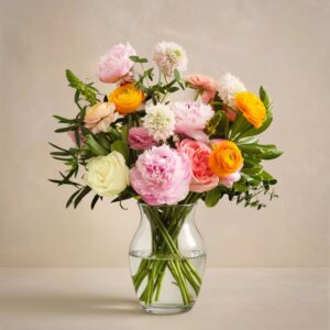 Colorful bouquet of pink, white, and yellow flowers in a clear glass vase with green stems visible in water on a neutral background.