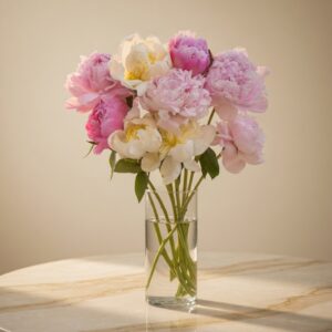 Bouquet of pink and white peonies in a tall glass vase on a marble table in soft light.