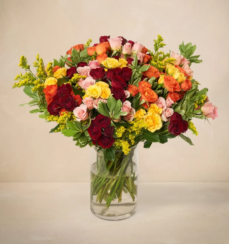 Ramo Dulce Otoño con rosas spray rojas, naranjas y amarillas y solidago